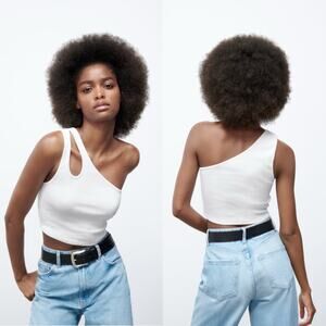 NWT Zara Cutout Tank Top Womens S White One Shoulder Crop Clean Girl Minimalist